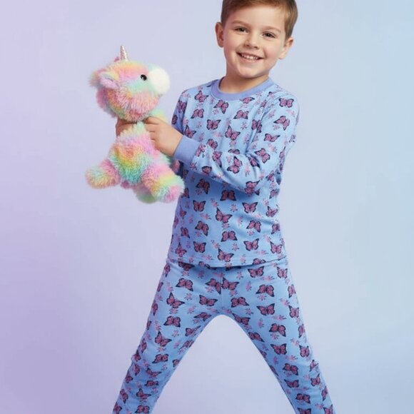 Blue Butterfly Kids Pajama Top – Back View with Cute Toys - Picture 2 of 5